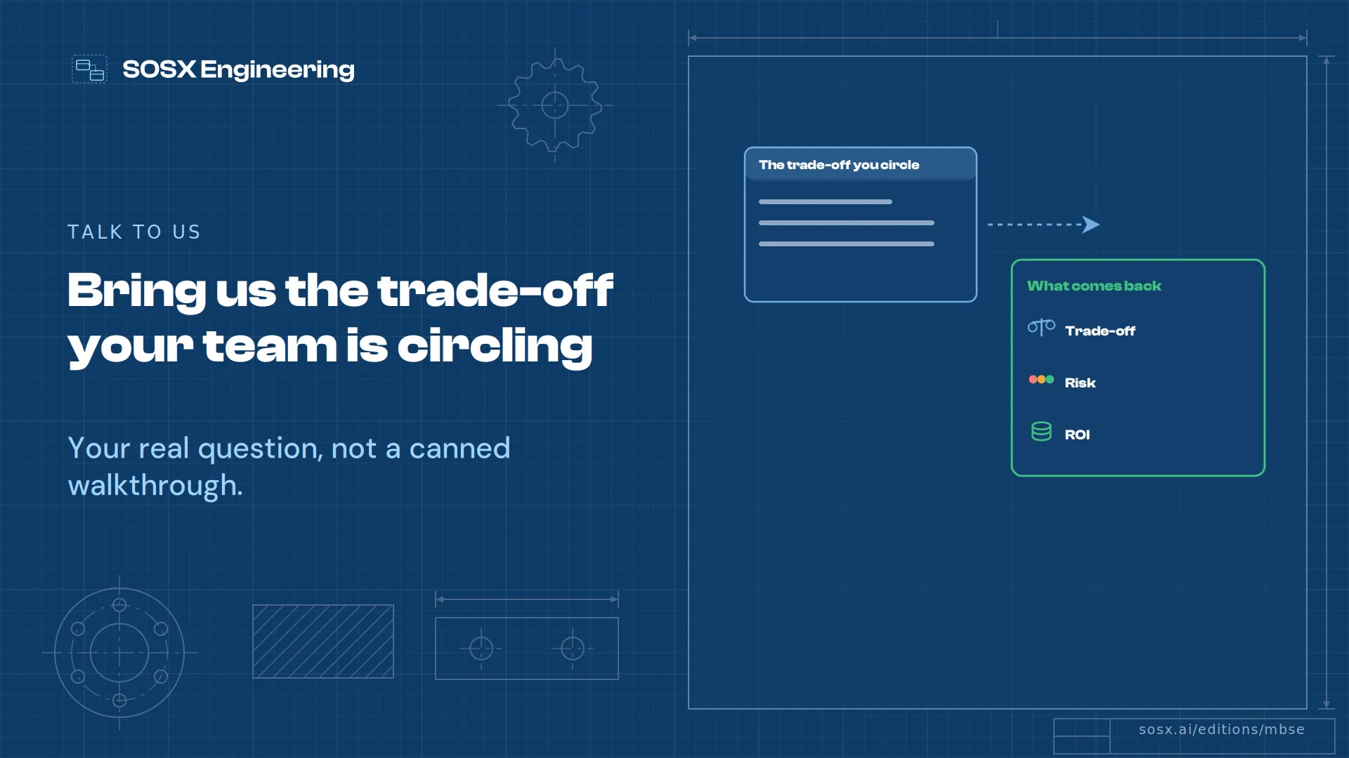 'The trade-off you circle' is sent as a message, and what comes back is a trade-off, a risk view and an ROI case, on a blueprint drawing sheet under 'Bring us the trade-off your team is circling'.