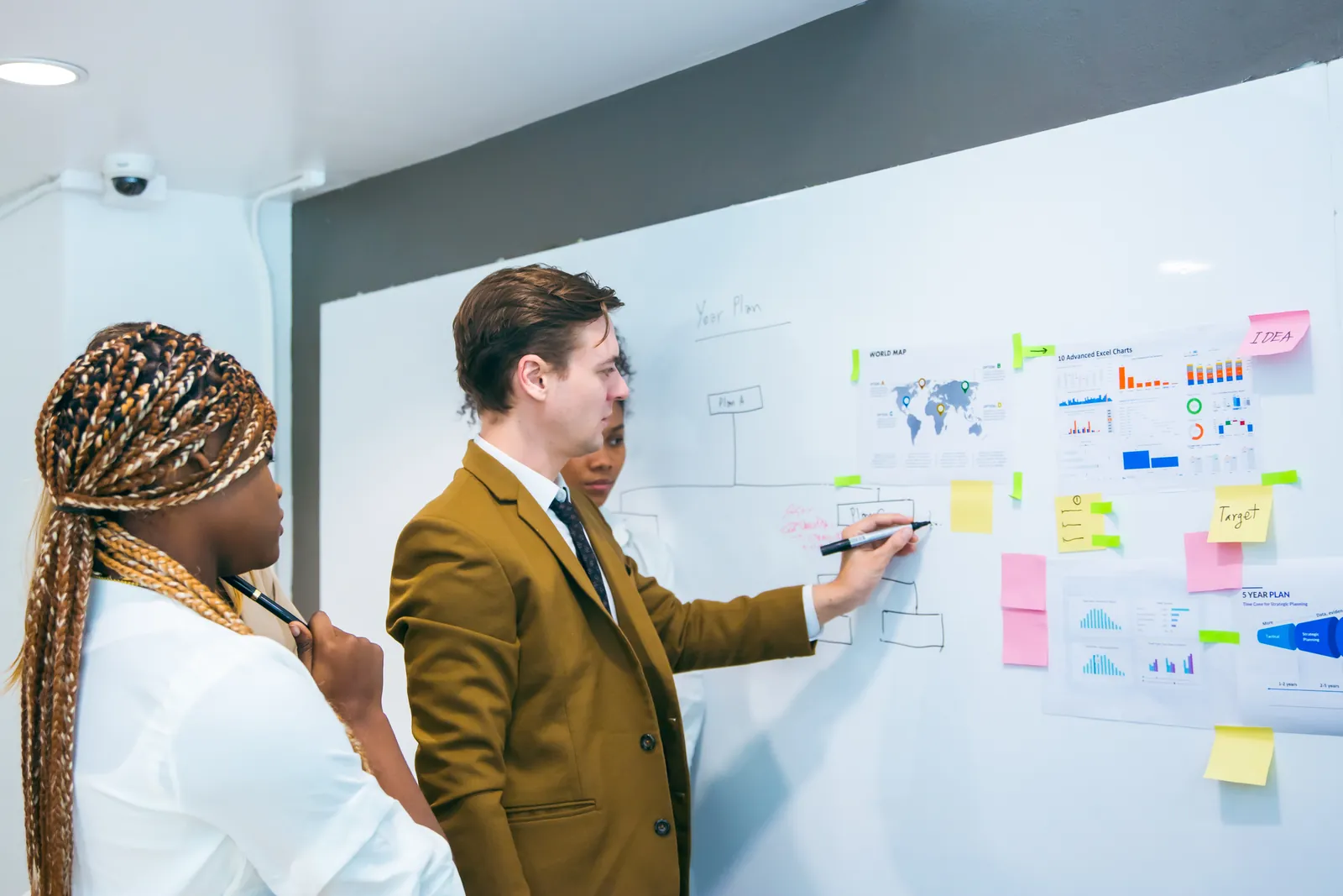 A team collaborating over a project plan